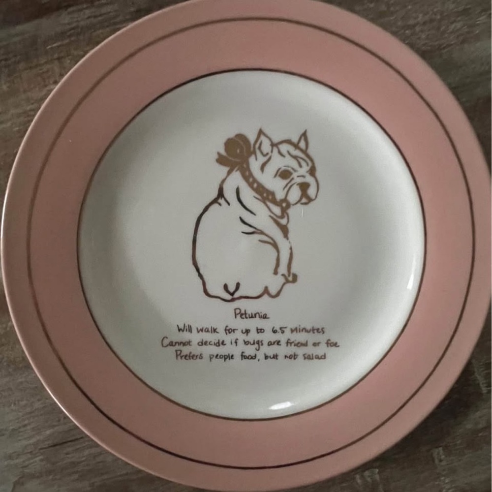 Set of 4. Anthropologie Pink and White Canapé’  Petunia Dog Print Plates.